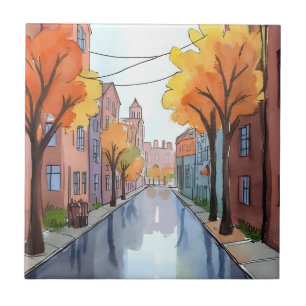 Regenacht in Boston Waterverfschilderij MA Kunst Tegeltje