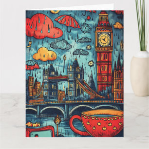 Regenachtige dag in Londen, kleurrijke Doodle illu Kaart