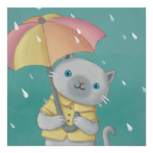 Regenachtige Dag: Kat & Paraplu Illustratie Perfect Poster
