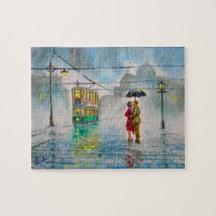 regenachtige dag romantisch paraplu - schilderij legpuzzel