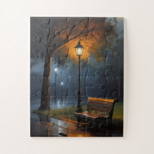 Regenachtige Parkbank – Cinematic Emotionele Olie Legpuzzel