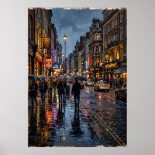 Regenachtige Stad Straat Poster Neon Licht Nacht