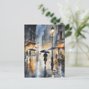 Regenachtige stad waterverf kunst briefkaart