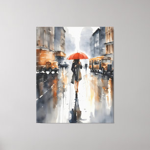 Regenachtige stad waterverf kunst canvas afdruk