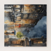 Regenachtige stad waterverf kunst legpuzzel (Horizontaal)