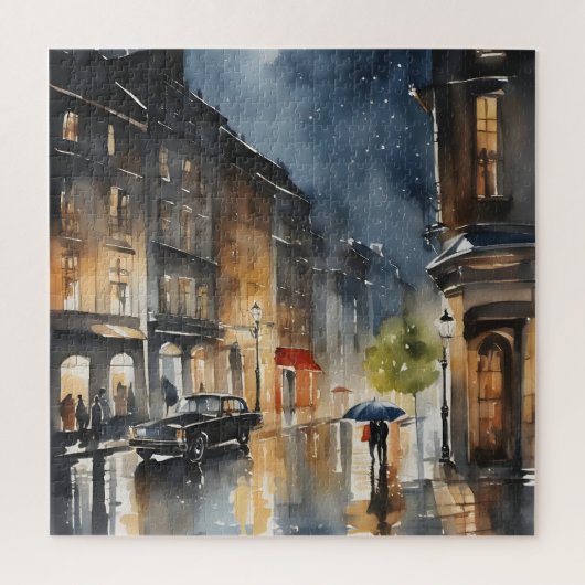 Regenachtige stad waterverf kunst legpuzzel (Verticaal)