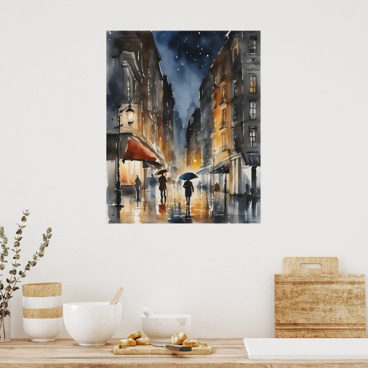 Regenachtige stad waterverf kunst poster (Keuken)