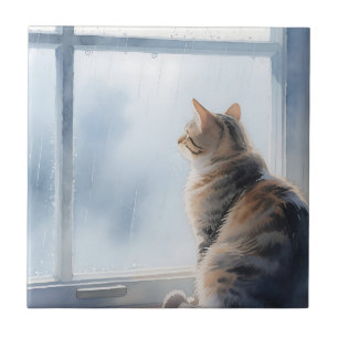 Regenachtige venster waterverf tabby kat tegeltje