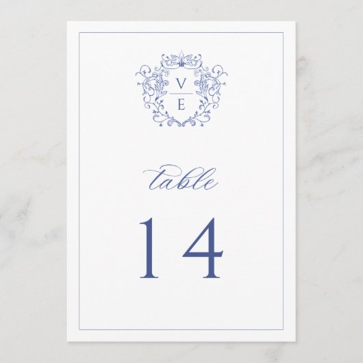 Regenblauw Monogram Crest Wedingstabel Nummer Programma (Voorkant)
