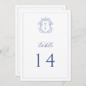 Regenblauw Monogram Crest Wedingstabel Nummer Programma (Voorkant / Achterkant)