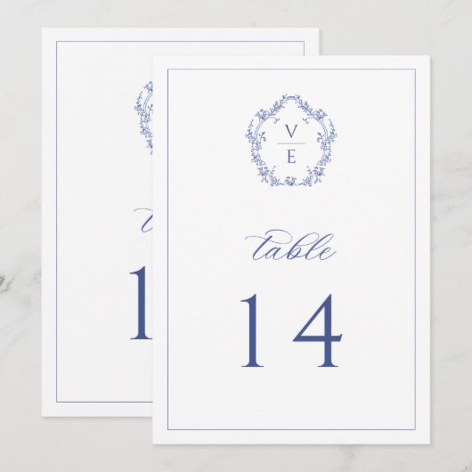 Regenblauw Monogram Crest Wedingstabel Nummer Programma (Voorkant / Achterkant)
