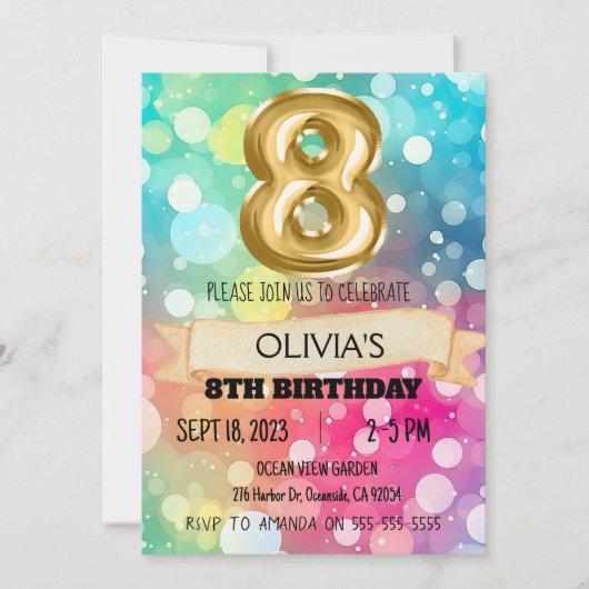 Regenboog 8 Jaar Oud 8e Verjaardagspartij Meisjes Kaart (Voorkant)