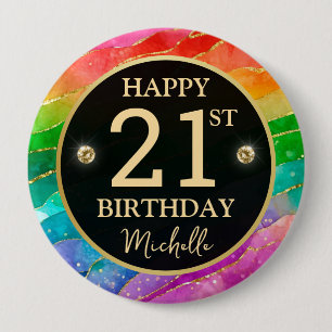 Regenboog Agate Gouden Glitter Verjaardagsbadge Ronde Button 4,0 Cm