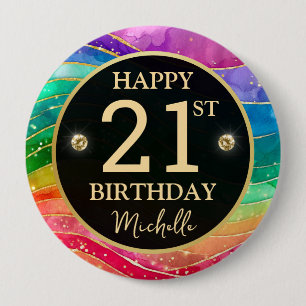 Regenboog Agate Gouden Glitter Verjaardagsbadge Ronde Button 4,0 Cm
