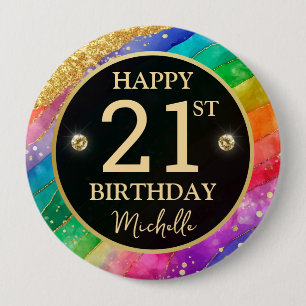 Regenboog Agate Gouden Glitter Verjaardagsbadge Ronde Button 4,0 Cm