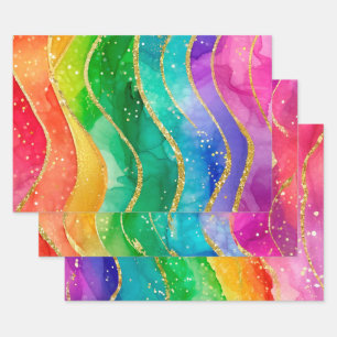 Regenboog Alcohol Inkt Goud Glitter Abstract Ontwe Inpakpapier Vel