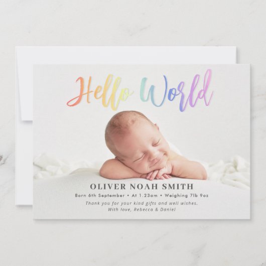 Regenboog Baby Geboorteaankondiging Hallo Wereld Aankondiging (Voorkant)