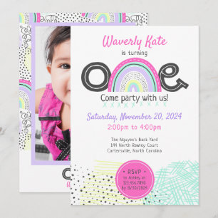 Regenboog Baby Meisje 1e Verjaardag Kawaii Doodle Kaart