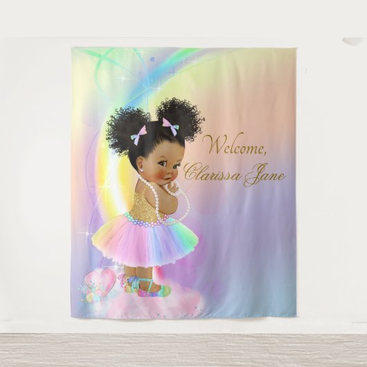 Regenboog Baby shower Achtergrond Banner Afro Meis Wandkleed (Voorkant)