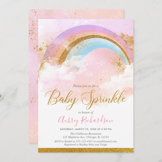 Regenboog baby strooi meisje pastel roze goud kaart (Voorkant / Achterkant)