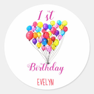 Regenboog BALLON Girly 1e Verjaardag Waterverf Roz Ronde Sticker
