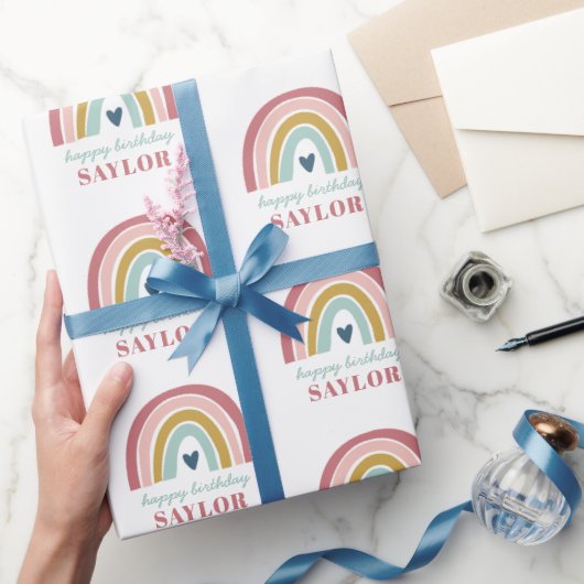 Regenboog Boho Roze Blauw Verjaardag Cadeaupapier (Geschenken)