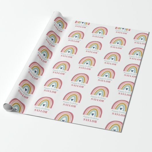 Regenboog Boho Roze Blauw Verjaardag Cadeaupapier (Uitgerold)