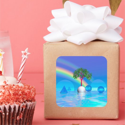 Regenboog Boom  Vierkante Sticker (Feest)