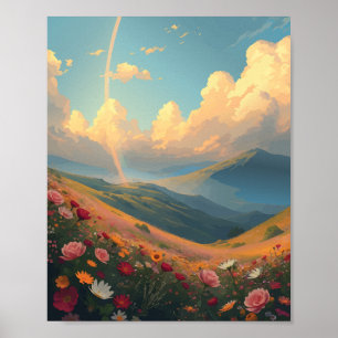 Regenboog boven bloemenveld poster