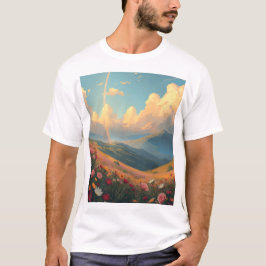 Regenboog boven bloemenveld t-shirt