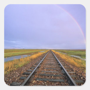 Regenboog boven spoorrails bij Fairfield Vierkante Sticker