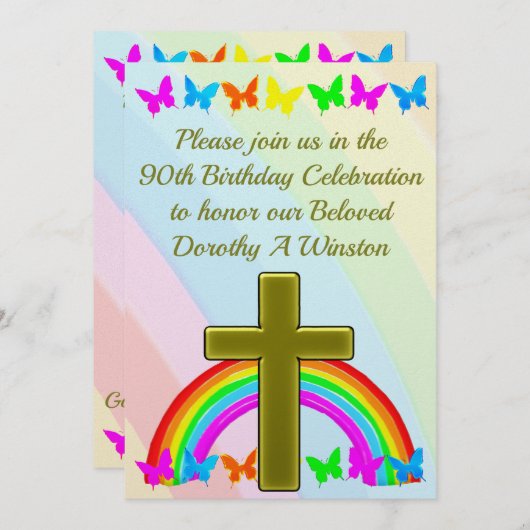 REGENBOOG CHRISTELIJK 90E VERJAARDAG UITNODIGING (Voorkant / Achterkant)