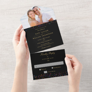 Regenboog Confetti Monogram Zwar Goud Foto Bruilof All In One Uitnodiging