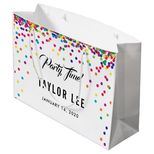 Regenboog confetti strooit verjaardagsfeestje groot cadeauzakje (Achterkant Gekanteld)