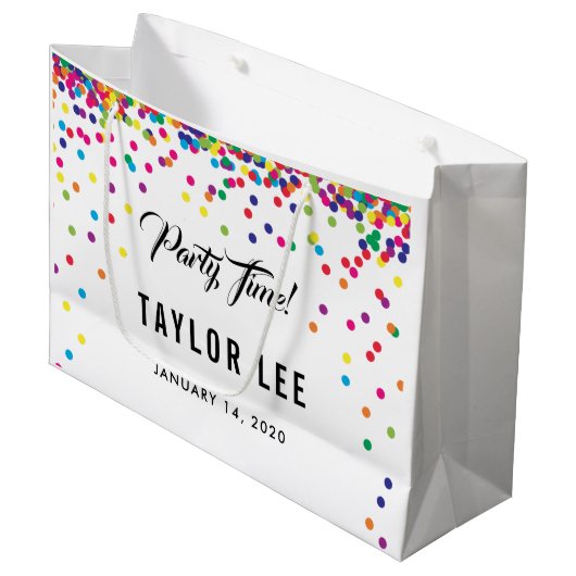 Regenboog confetti strooit verjaardagsfeestje groot cadeauzakje (Voorkant Gekanteld)