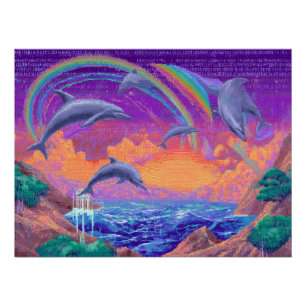 Regenboog Dolfijnen Springen Door Zonsondergang Lu Perfect Poster