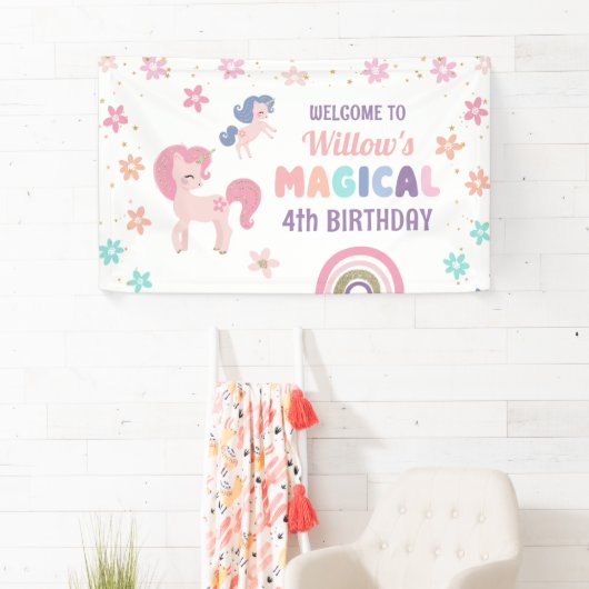 Regenboog Eenhoorn Meisje Verjaardagsfeestje Vinyl Spandoek (Insitu)