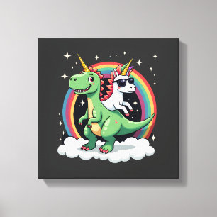 Regenboog Eenhoorn rijdt op T rex - Dinosaur Boys Canvas Afdruk