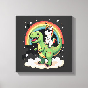 Regenboog Eenhoorn rijdt op T rex - Dinosaur Boys Canvas Afdruk