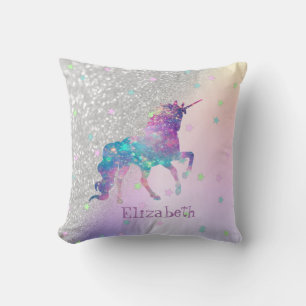 Regenboog Eenhoorn, Sterren, Zilveren Glitter Boke Kussen