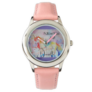 Regenboog Eenhoorn Waterverf Paars Cute Kids Horloge
