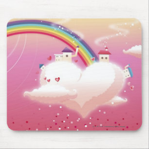 Regenboog en gebouwen op wolken muismat
