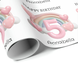 Regenboog en Hartjes 3D 5e Verjaardagsfeestje Cadeaupapier