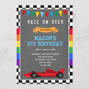 Regenboog en raceauto verjaardagsuitnodiging kaart
