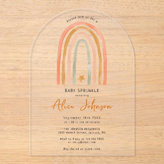 Regenboog en ster Boho Baby Sprinkle Shower Arch Acryl Uitnodigingen (Voorkant)