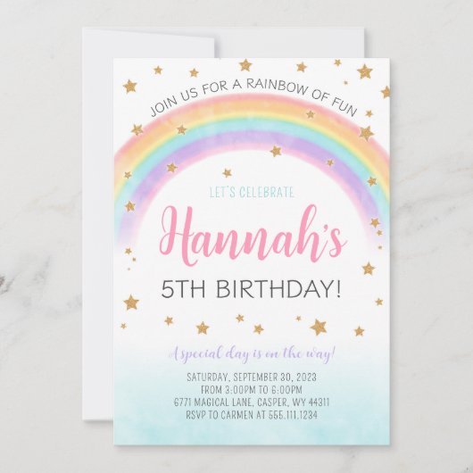 Regenboog en sterren verjaardagsfeestuitnodiging kaart (Voorkant)