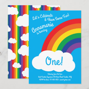 Regenboog en wolken 1e verjaardag Cute Invitations Kaart