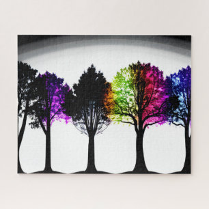 Regenboog Foliage op Zwarte Silhouet Bomen Legpuzzel