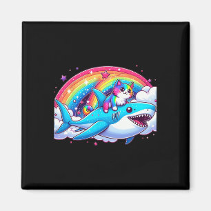 Regenboog Galaxy Kat Rijden Haai In Ruimte Grappig Magneet