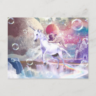 Regenboog galaxy pug rijden eenhoorn in de ruimte. briefkaart